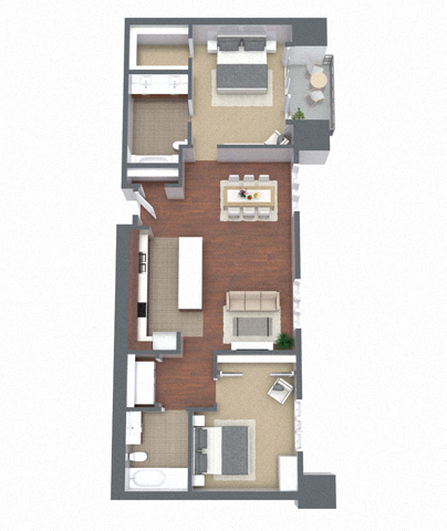 Floor plan for 2 beds, 2 baths, 1265 sqft